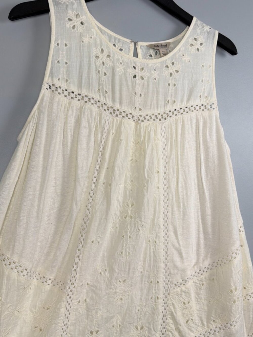 Lucky Brand Dress Women 1X Ivory Eyelet Linen Blend Beach Lined Boho Country - Picture 2 of 10